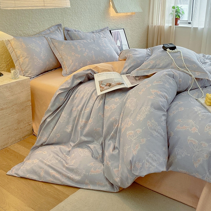 91家纺网 家纺一手货源 找家纺 悦织湾家纺 2025新款100%全棉磨毛四件套加厚加密喷气织造纯棉床上用品印花卡通小清新 蝴蝶-灰