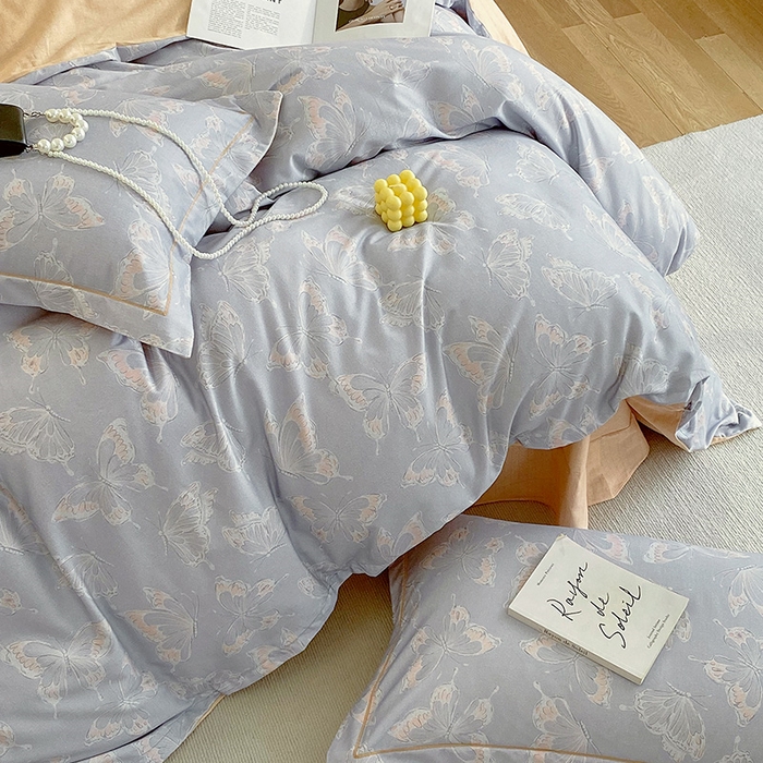 91家纺网 家纺一手货源 找家纺 悦织湾家纺 2025新款100%全棉磨毛四件套加厚加密喷气织造纯棉床上用品印花卡通小清新 蝴蝶-灰