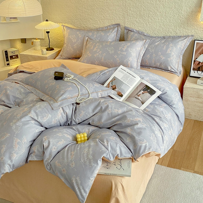 91家纺网 家纺一手货源 找家纺 悦织湾家纺 2025新款100%全棉磨毛四件套加厚加密喷气织造纯棉床上用品印花卡通小清新 蝴蝶-灰