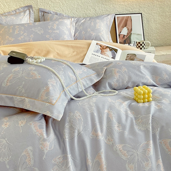 91家纺网 家纺一手货源 找家纺 悦织湾家纺 2025新款100%全棉磨毛四件套加厚加密喷气织造纯棉床上用品印花卡通小清新 蝴蝶-灰