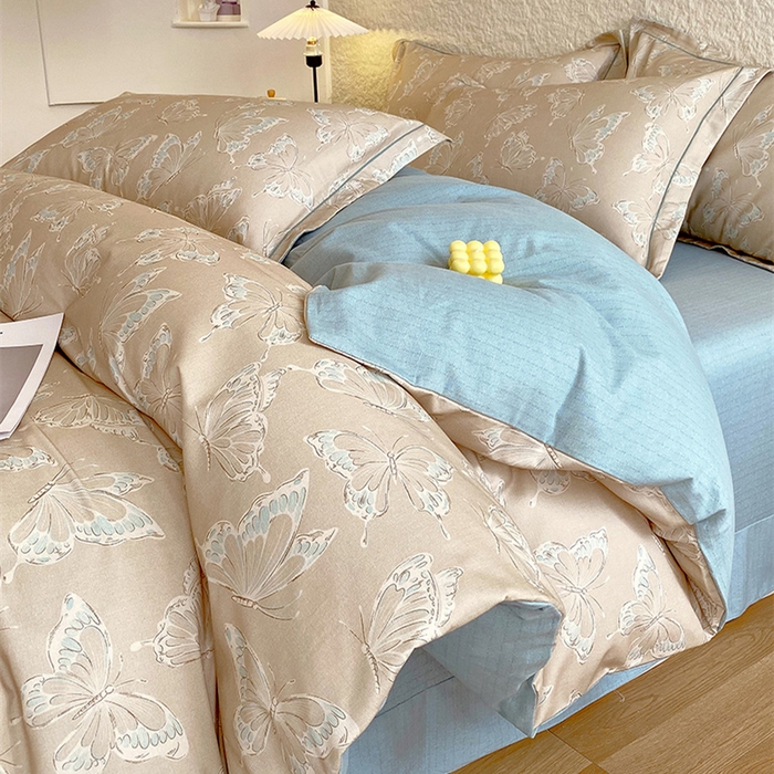 悦织湾家纺 2025新款100%全棉磨毛四件套加厚加密喷气织造纯棉床上用品印花卡通小清新 蝴蝶-咖