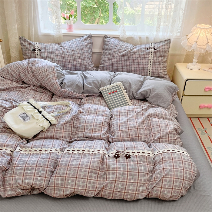 91家纺网 家纺一手货源 找家纺 梦舒羽2025新款双层纱蕾丝花边四件套学生宿舍床单款床上用品四件套  蕾丝花边-洛卡深灰