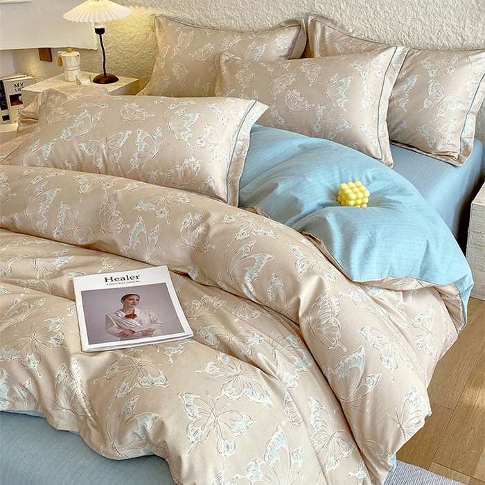 91家纺网 家纺一手货源 找家纺 悦织湾家纺 2025新款100%全棉磨毛四件套加厚加密喷气织造纯棉床上用品印花卡通小清新 蝴蝶-咖