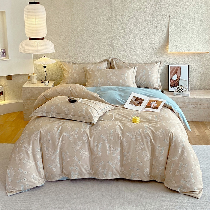 91家纺网 家纺一手货源 找家纺 悦织湾家纺 2025新款100%全棉磨毛四件套加厚加密喷气织造纯棉床上用品印花卡通小清新 蝴蝶-咖