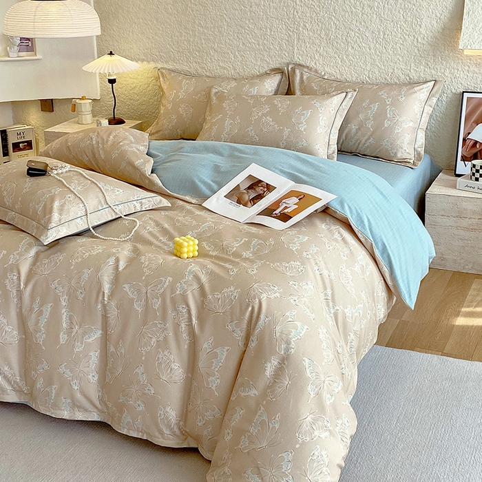 91家纺网 家纺一手货源 找家纺 悦织湾家纺 2025新款100%全棉磨毛四件套加厚加密喷气织造纯棉床上用品印花卡通小清新 蝴蝶-咖