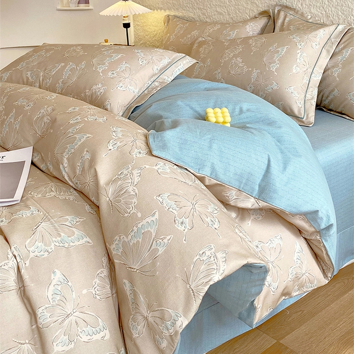 91家纺网 家纺一手货源 找家纺 悦织湾家纺 2025新款100%全棉磨毛四件套加厚加密喷气织造纯棉床上用品印花卡通小清新 蝴蝶-咖