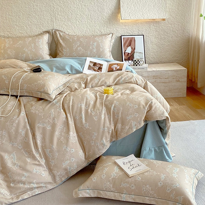 91家纺网 家纺一手货源 找家纺 悦织湾家纺 2025新款100%全棉磨毛四件套加厚加密喷气织造纯棉床上用品印花卡通小清新 蝴蝶-咖