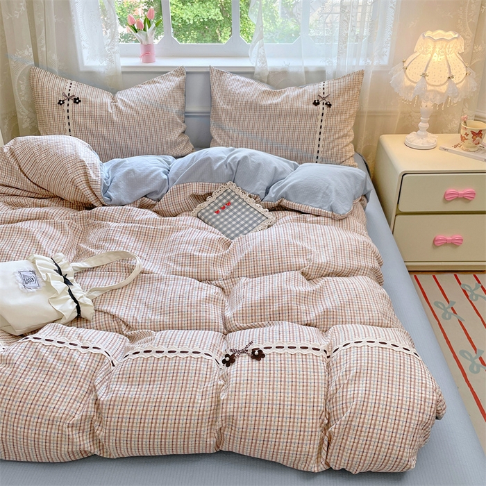 91家纺网 家纺一手货源 找家纺 梦舒羽2025新款双层纱蕾丝花边四件套学生宿舍床单款床上用品四件套  蕾丝花边-魅力蓝咖