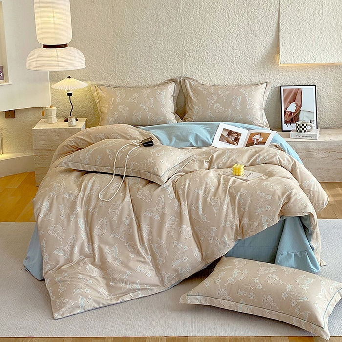 91家纺网 家纺一手货源 找家纺 悦织湾家纺 2025新款100%全棉磨毛四件套加厚加密喷气织造纯棉床上用品印花卡通小清新 蝴蝶-咖