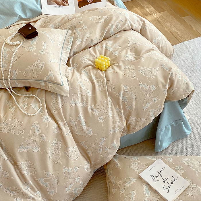 91家纺网 家纺一手货源 找家纺 悦织湾家纺 2025新款100%全棉磨毛四件套加厚加密喷气织造纯棉床上用品印花卡通小清新 蝴蝶-咖