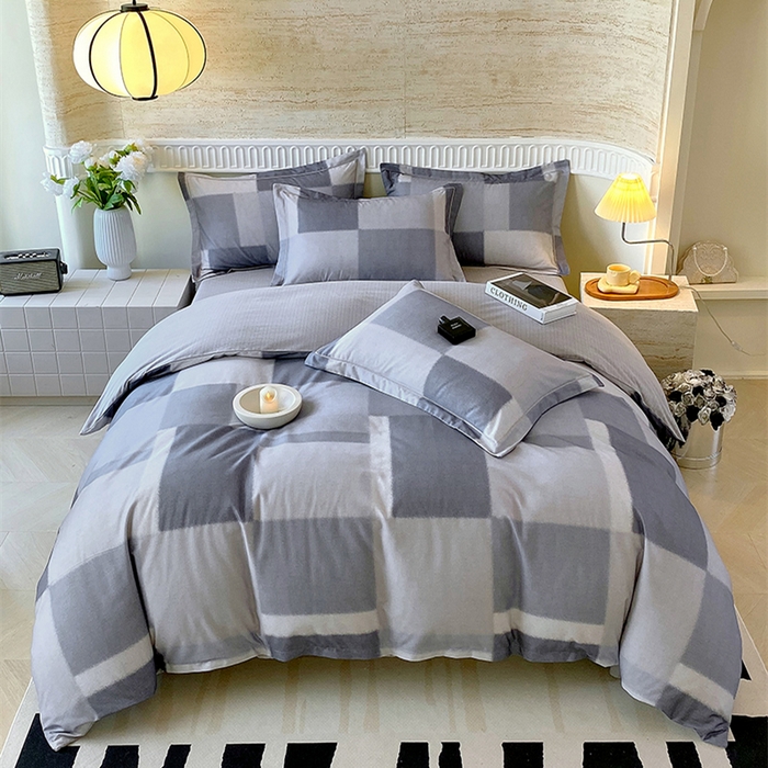 91家纺网 家纺一手货源 找家纺 悦织湾家纺 2025新款100%全棉磨毛四件套加厚加密喷气织造纯棉床上用品印花卡通小清新 克洛伊灰