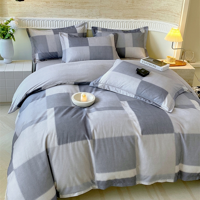 91家纺网 家纺一手货源 找家纺 悦织湾家纺 2025新款100%全棉磨毛四件套加厚加密喷气织造纯棉床上用品印花卡通小清新 克洛伊灰