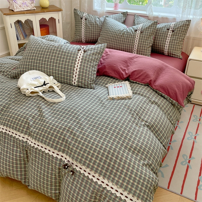 91家纺网 家纺一手货源 找家纺 梦舒羽2025新款双层纱蕾丝花边四件套学生宿舍床单款床上用品四件套  蕾丝花边-简兮绿格