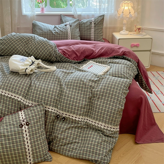 91家纺网 家纺一手货源 找家纺 梦舒羽2025新款双层纱蕾丝花边四件套学生宿舍床单款床上用品四件套  蕾丝花边-简兮绿格