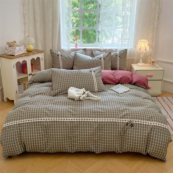 91家纺网 家纺一手货源 找家纺 梦舒羽2025新款双层纱蕾丝花边四件套学生宿舍床单款床上用品四件套  蕾丝花边-简兮绿格