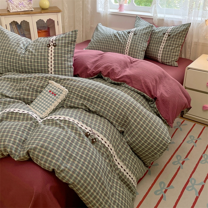 91家纺网 家纺一手货源 找家纺 梦舒羽2025新款双层纱蕾丝花边四件套学生宿舍床单款床上用品四件套  蕾丝花边-简兮绿格