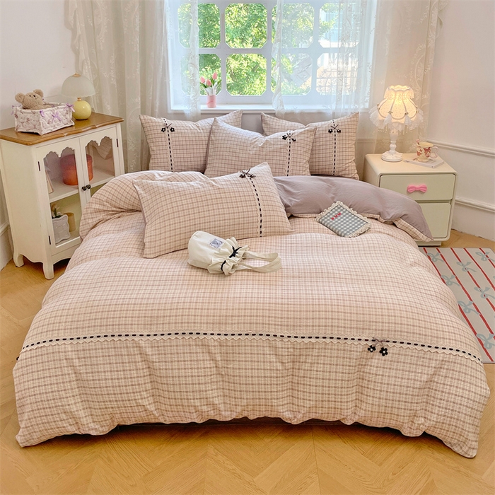 91家纺网 家纺一手货源 找家纺 梦舒羽2025新款双层纱蕾丝花边四件套学生宿舍床单款床上用品四件套  蕾丝花边-可可咖格