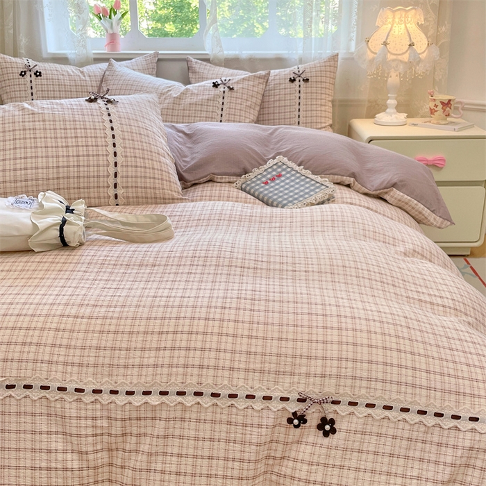 91家纺网 家纺一手货源 找家纺 梦舒羽2025新款双层纱蕾丝花边四件套学生宿舍床单款床上用品四件套  蕾丝花边-可可咖格