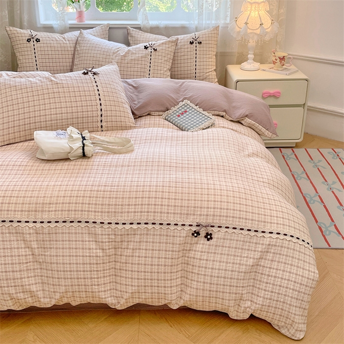 91家纺网 家纺一手货源 找家纺 梦舒羽2025新款双层纱蕾丝花边四件套学生宿舍床单款床上用品四件套  蕾丝花边-可可咖格