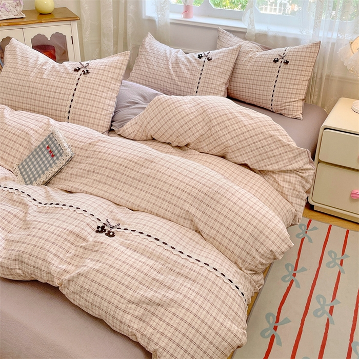 91家纺网 家纺一手货源 找家纺 梦舒羽2025新款双层纱蕾丝花边四件套学生宿舍床单款床上用品四件套  蕾丝花边-可可咖格