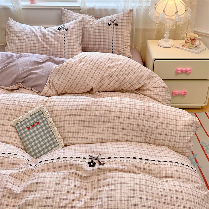 91家纺网 家纺一手货源 找家纺 梦舒羽2025新款双层纱蕾丝花边四件套学生宿舍床单款床上用品四件套  蕾丝花边-可可咖格