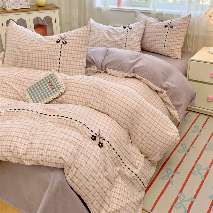 91家纺网 家纺一手货源 找家纺 梦舒羽2025新款双层纱蕾丝花边四件套学生宿舍床单款床上用品四件套  蕾丝花边-可可咖格