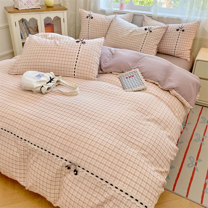 91家纺网 家纺一手货源 找家纺 梦舒羽2025新款双层纱蕾丝花边四件套学生宿舍床单款床上用品四件套  蕾丝花边-可可咖格