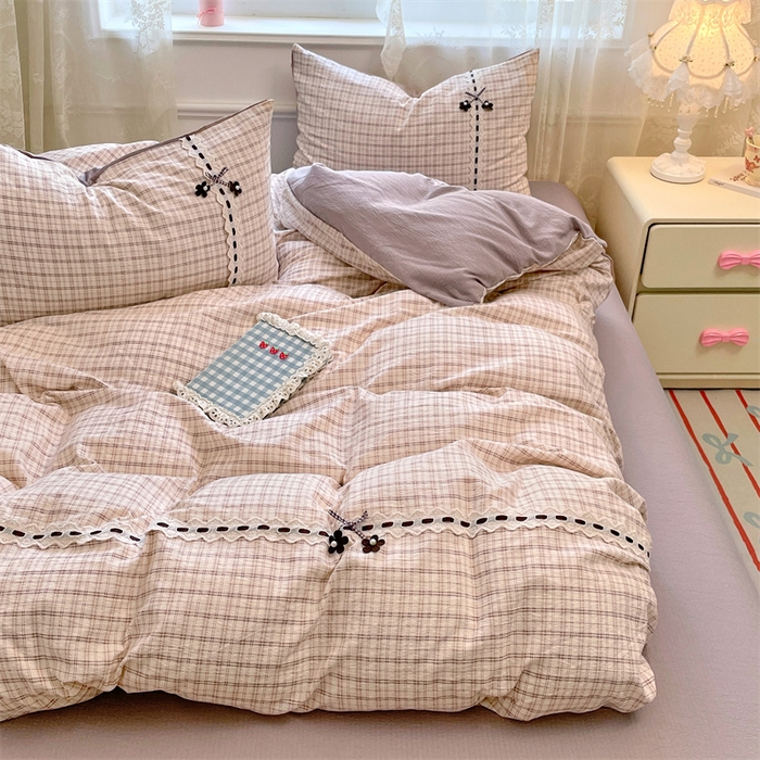 91家纺网 家纺一手货源 找家纺 梦舒羽2025新款双层纱蕾丝花边四件套学生宿舍床单款床上用品四件套  蕾丝花边-可可咖格