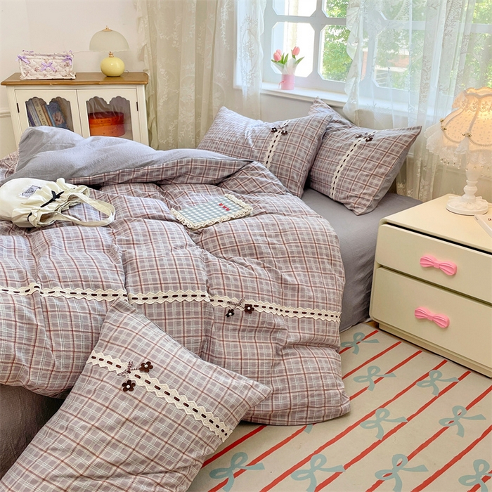 91家纺网 家纺一手货源 找家纺 梦舒羽2025新款双层纱蕾丝花边四件套学生宿舍床单款床上用品四件套  蕾丝花边-洛卡深灰