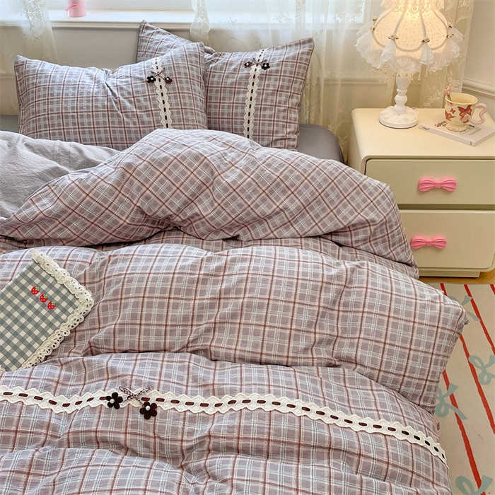 91家纺网 家纺一手货源 找家纺 梦舒羽2025新款双层纱蕾丝花边四件套学生宿舍床单款床上用品四件套  蕾丝花边-洛卡深灰