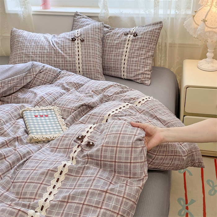 91家纺网 家纺一手货源 找家纺 梦舒羽2025新款双层纱蕾丝花边四件套学生宿舍床单款床上用品四件套  蕾丝花边-洛卡深灰