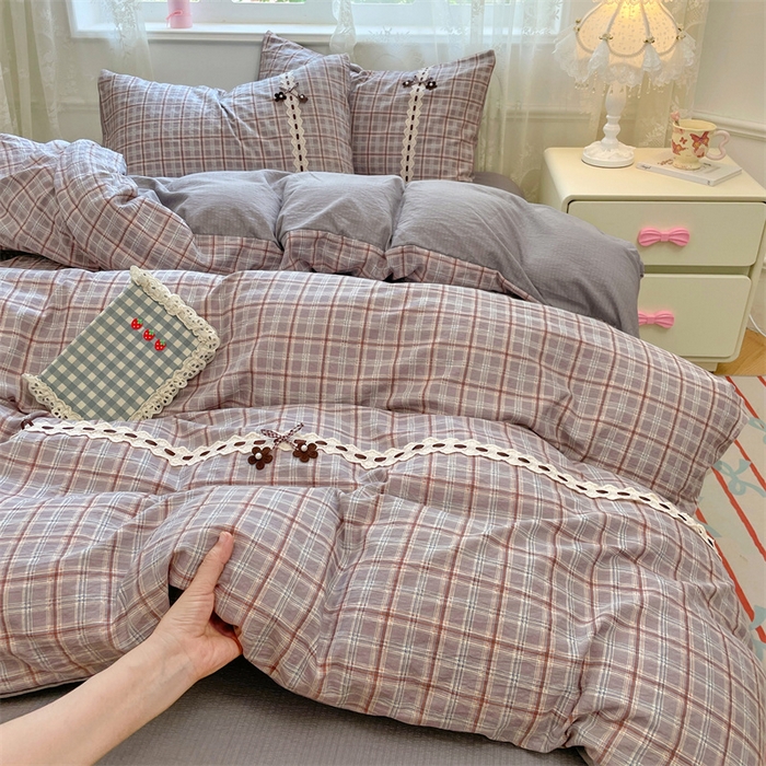 91家纺网 家纺一手货源 找家纺 梦舒羽2025新款双层纱蕾丝花边四件套学生宿舍床单款床上用品四件套  蕾丝花边-洛卡深灰