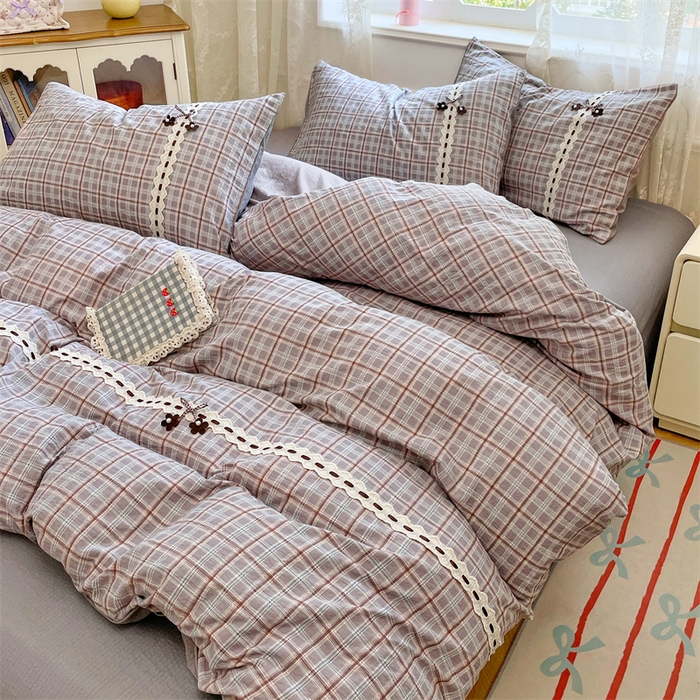 91家纺网 家纺一手货源 找家纺 梦舒羽2025新款双层纱蕾丝花边四件套学生宿舍床单款床上用品四件套  蕾丝花边-洛卡深灰