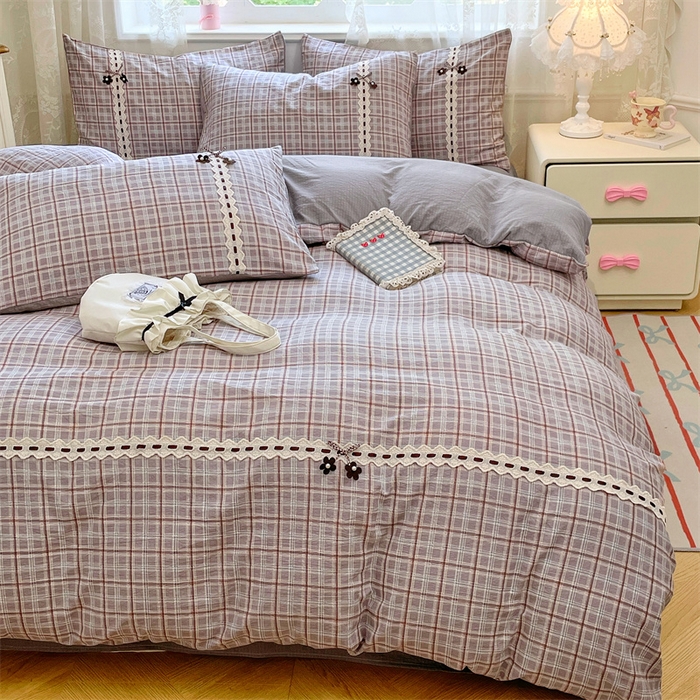 91家纺网 家纺一手货源 找家纺 梦舒羽2025新款双层纱蕾丝花边四件套学生宿舍床单款床上用品四件套  蕾丝花边-洛卡深灰