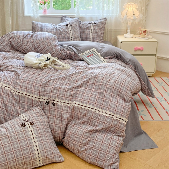 91家纺网 家纺一手货源 找家纺 梦舒羽2025新款双层纱蕾丝花边四件套学生宿舍床单款床上用品四件套  蕾丝花边-洛卡深灰