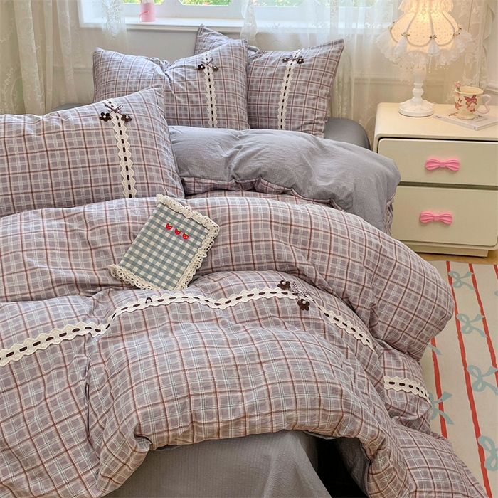 91家纺网 家纺一手货源 找家纺 梦舒羽2025新款双层纱蕾丝花边四件套学生宿舍床单款床上用品四件套  蕾丝花边-洛卡深灰