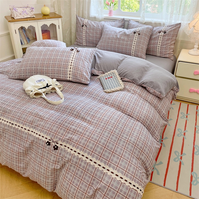 91家纺网 家纺一手货源 找家纺 梦舒羽2025新款双层纱蕾丝花边四件套学生宿舍床单款床上用品四件套  蕾丝花边-洛卡深灰