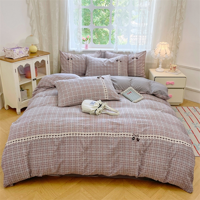 91家纺网 家纺一手货源 找家纺 梦舒羽2025新款双层纱蕾丝花边四件套学生宿舍床单款床上用品四件套  蕾丝花边-洛卡深灰