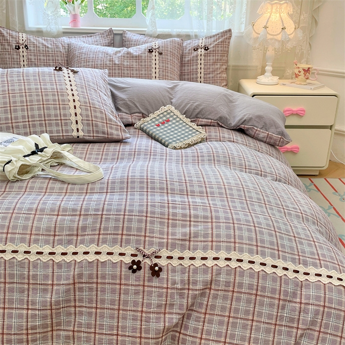 91家纺网 家纺一手货源 找家纺 梦舒羽2025新款双层纱蕾丝花边四件套学生宿舍床单款床上用品四件套  蕾丝花边-洛卡深灰