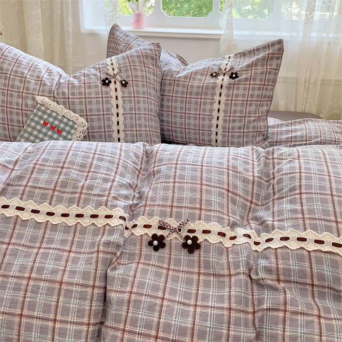 91家纺网 家纺一手货源 找家纺 梦舒羽2025新款双层纱蕾丝花边四件套学生宿舍床单款床上用品四件套  蕾丝花边-洛卡深灰