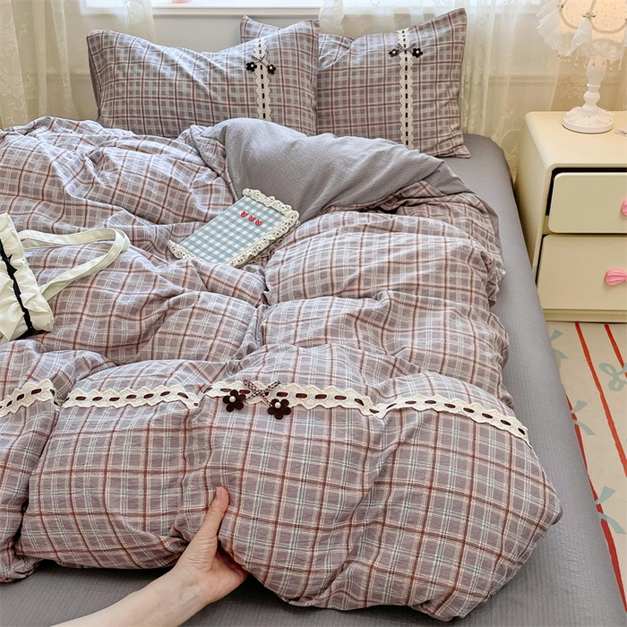 91家纺网 家纺一手货源 找家纺 梦舒羽2025新款双层纱蕾丝花边四件套学生宿舍床单款床上用品四件套  蕾丝花边-洛卡深灰