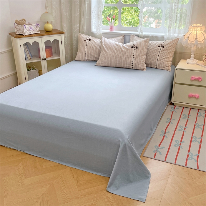 91家纺网 家纺一手货源 找家纺 梦舒羽2025新款双层纱蕾丝花边四件套学生宿舍床单款床上用品四件套  蕾丝花边-魅力蓝咖