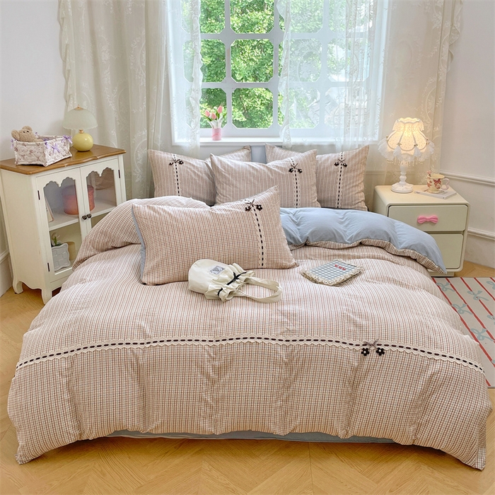 91家纺网 家纺一手货源 找家纺 梦舒羽2025新款双层纱蕾丝花边四件套学生宿舍床单款床上用品四件套  蕾丝花边-魅力蓝咖