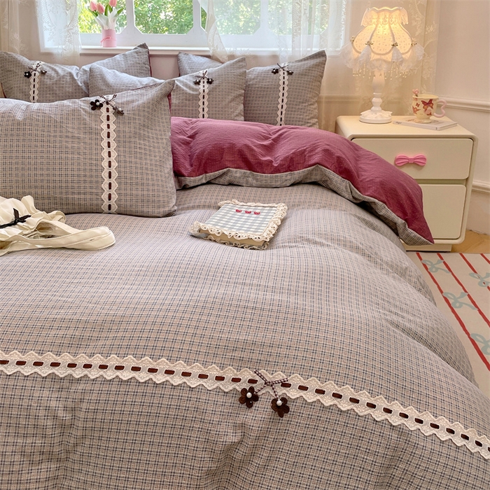 91家纺网 家纺一手货源 找家纺 梦舒羽2025新款双层纱蕾丝花边四件套学生宿舍床单款床上用品四件套  蕾丝花边-明古灰格