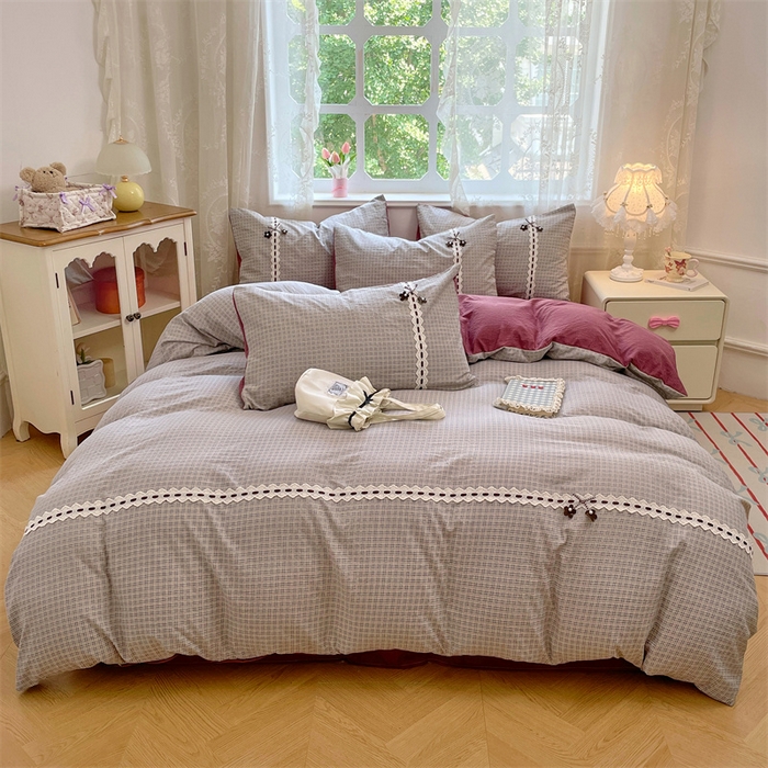 91家纺网 家纺一手货源 找家纺 梦舒羽2025新款双层纱蕾丝花边四件套学生宿舍床单款床上用品四件套  蕾丝花边-明古灰格