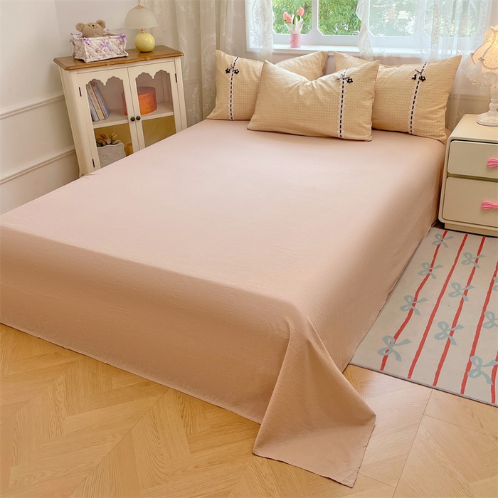 91家纺网 家纺一手货源 找家纺 梦舒羽2025新款双层纱蕾丝花边四件套学生宿舍床单款床上用品四件套  蕾丝花边-秋田黄格