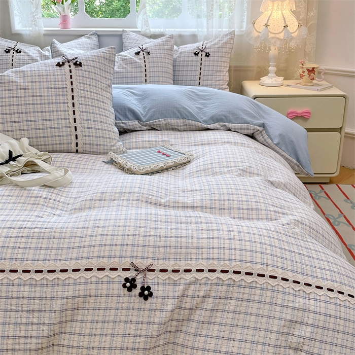 91家纺网 家纺一手货源 找家纺 梦舒羽2025新款双层纱蕾丝花边四件套学生宿舍床单款床上用品四件套  蕾丝花边-天空蓝格