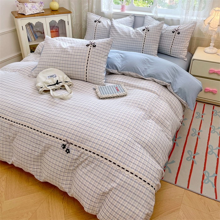 91家纺网 家纺一手货源 找家纺 梦舒羽2025新款双层纱蕾丝花边四件套学生宿舍床单款床上用品四件套  蕾丝花边-天空蓝格