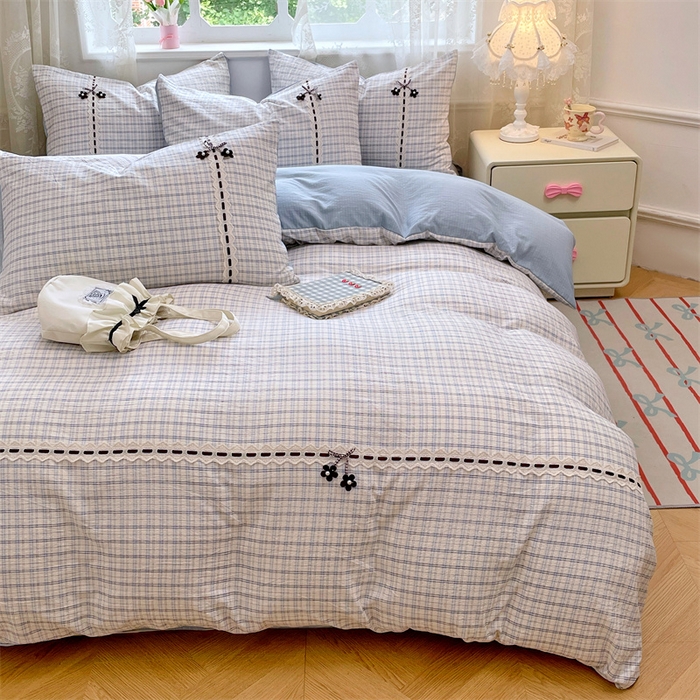 91家纺网 家纺一手货源 找家纺 梦舒羽2025新款双层纱蕾丝花边四件套学生宿舍床单款床上用品四件套  蕾丝花边-天空蓝格