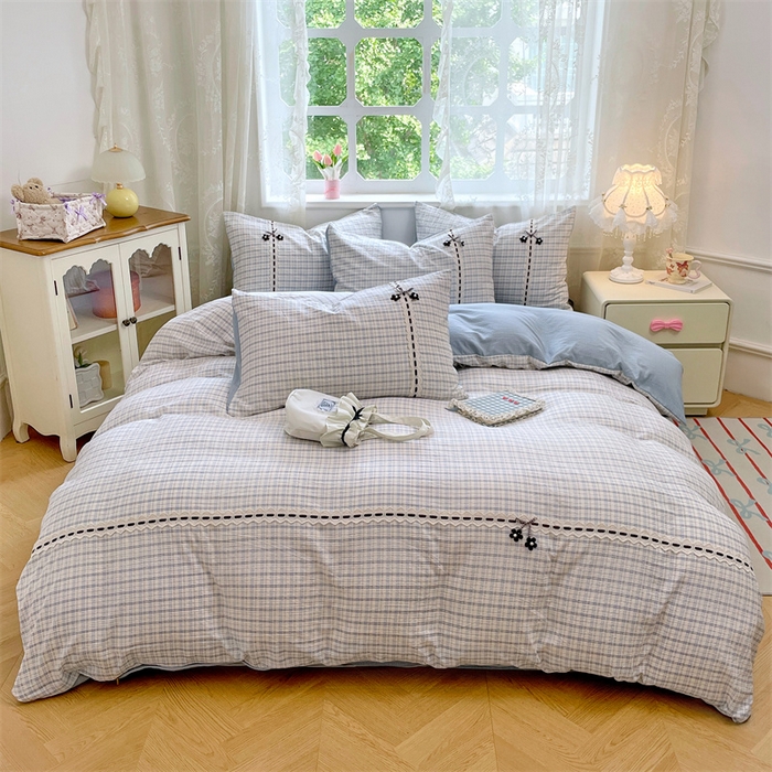 91家纺网 家纺一手货源 找家纺 梦舒羽2025新款双层纱蕾丝花边四件套学生宿舍床单款床上用品四件套  蕾丝花边-天空蓝格